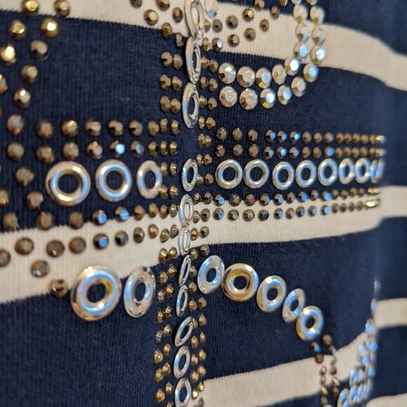 Marble navy marine striped shirt rhinestone sequin anchor decor Small @V - Picture 6 of 8